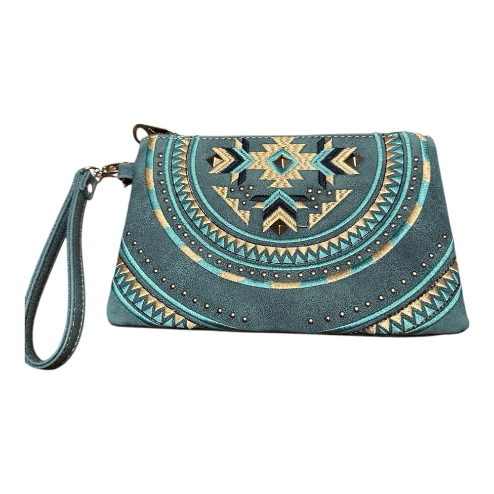 Montana West Embroidered Blue and Tan Clutch